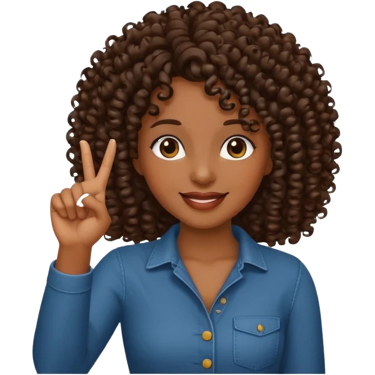 Happy dark Woman curly hair holding one finger up high emoji