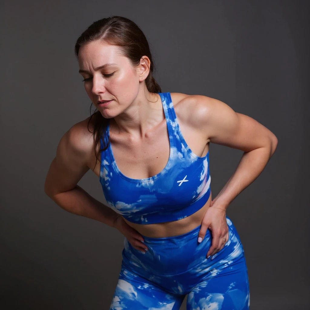 Realistic style image of a woman in sportswear inspired by the reference photo, slightly bent backward holding the back due to pain, neutral background. emoji