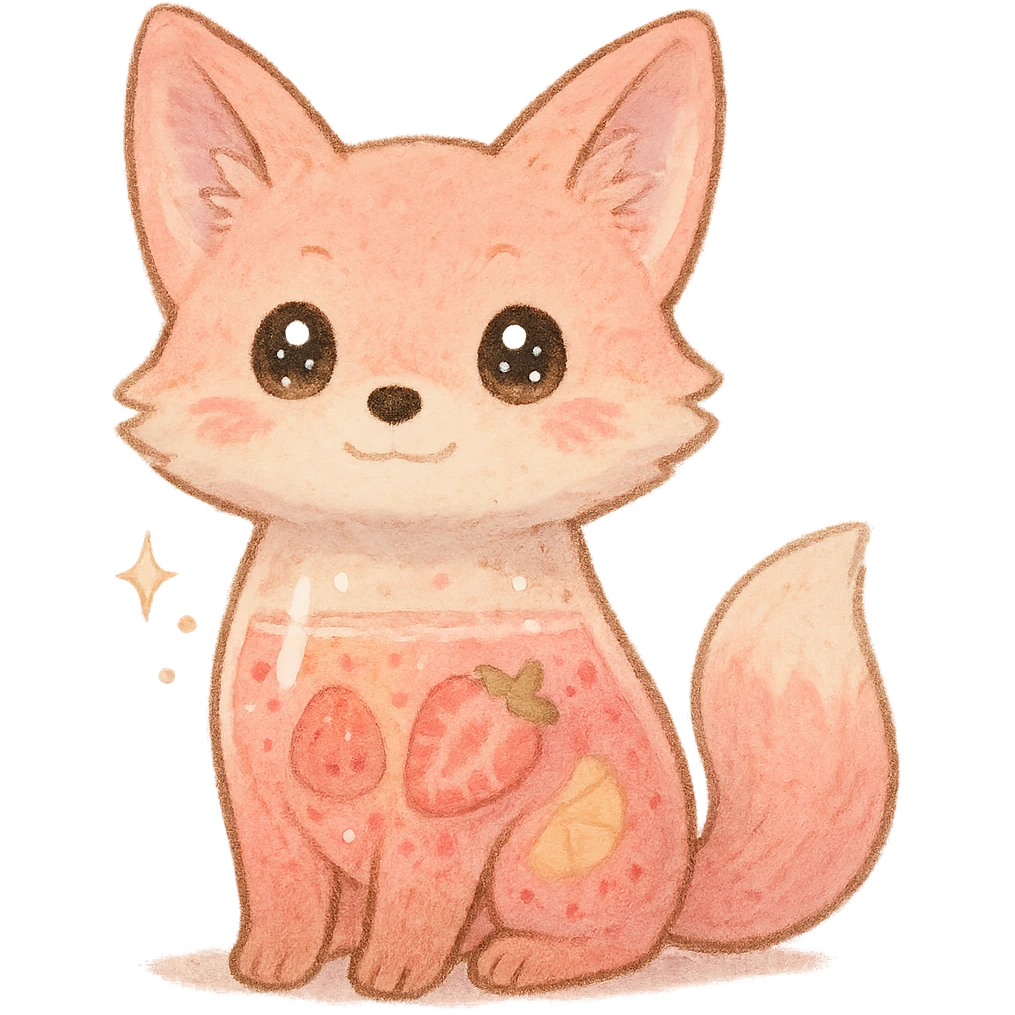 soft fox, pastel pink, transparent body showing fruity smoothie inside, sparkling eyes, full-body emoji