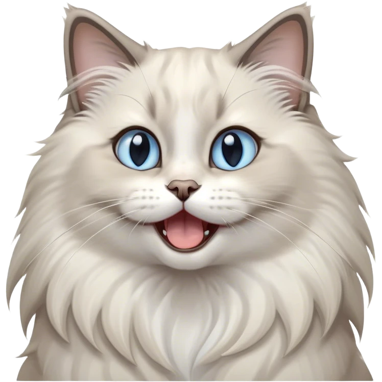 Cinematic Adorable Fluffy Light Grey Mantle Ragdoll Cat Portrait Emoji, Head tilted cutely with big, sparkling blue eyes, soft light grey fur with darker points on the ears, face, and paws, Simplified yet irresistibly adorable features, highly detailed, glowing with a soft, warm glow, high shine, yawning in a peaceful and playful manner, stylized with a touch of whimsy, bright and endearing, soft glowing outline, capturing the essence of a relaxed and loving kitten, so cute it feels like it could leap out of the screen and stretch into a cozy nap! emoji