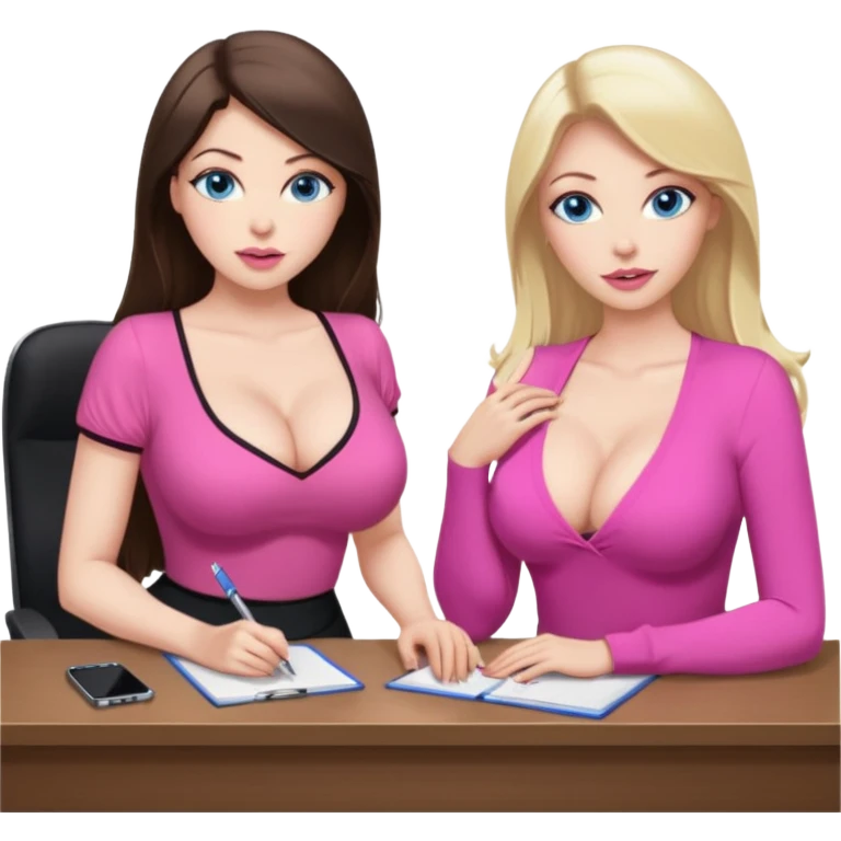sexy woman brunette, very large breasts, pale skin, blue eyes, long brown hair, tight pink low cut  blouse, big pink lips, short black skirt. at desk next to similar blonde woman.  emoji