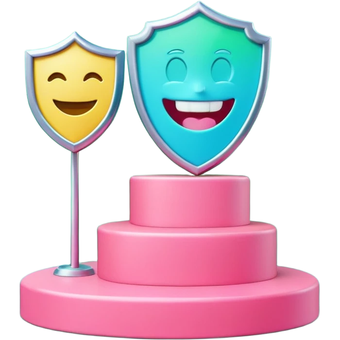 Minimalist 3D emoji-style podium with 2 steps on a green chroma key background. Step 1 (higher) features a handshake icon with blue neon glow. Step 2 (lower) features a smiling tooth with a shield icon and pink neon glow. Clean rendering, soft colors, uniform lighting. emoji