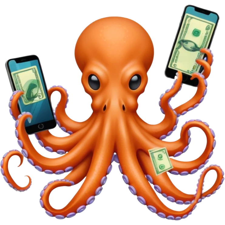 Intimidating octopus with pearl black skin, neon peach suction cups. Evil looking octopus is wearing a white face mask and thick gold necklace. 2 tentacles are holding their own cellphone, 2 more tentacles are holding stacks of money. emoji