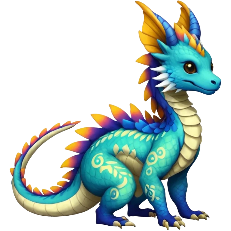 Beautiful pretty cool edgy elegant realistic Feral Rare Fantasy colorful vibrant Vernid-Trico-Haku-dragon-species-Fakemon-creature by LiLaiRa, random markings, tufted tail, tufted ears, full body emoji