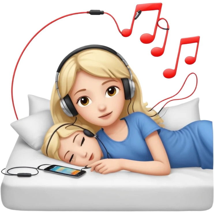 girl lying on bed comfortably listening to music with wired earphones emoji