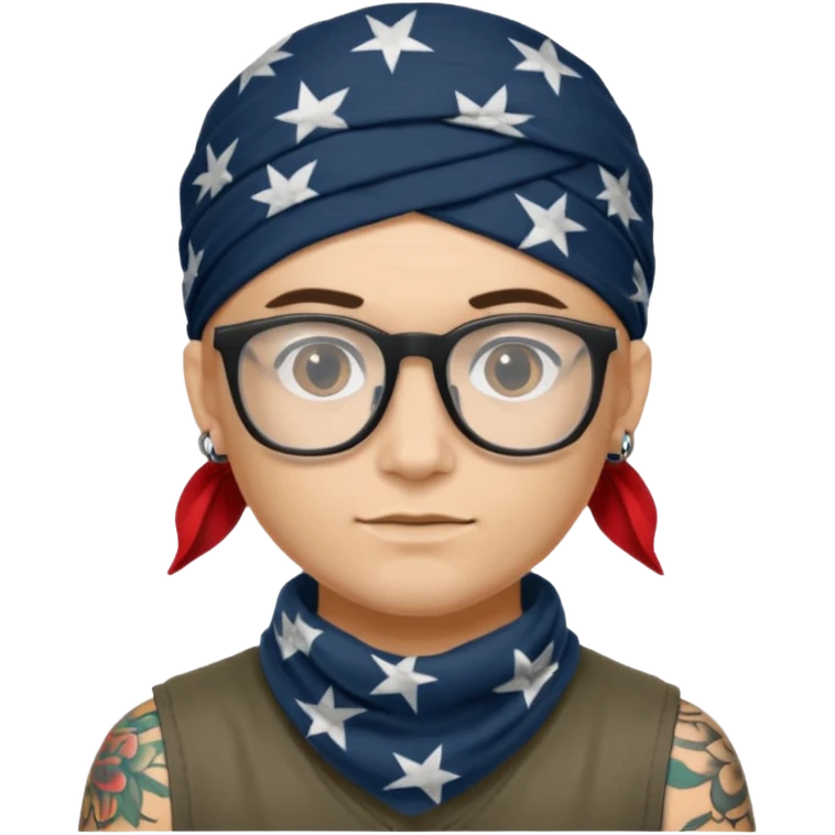 character with bandana and glasses and tattoted emoji
