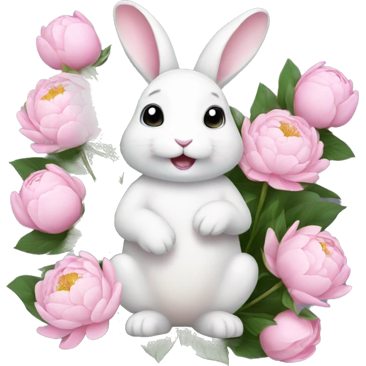 cute white bunny holding light pink peonies emoji