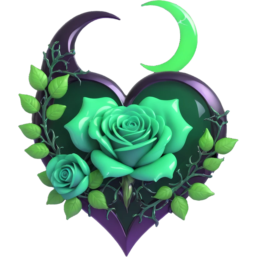 gothic heart made of obsidian glass, silver crescent moon, emerald green roses, holographic stardust, neon green lightning, wet and cracked glass emoji