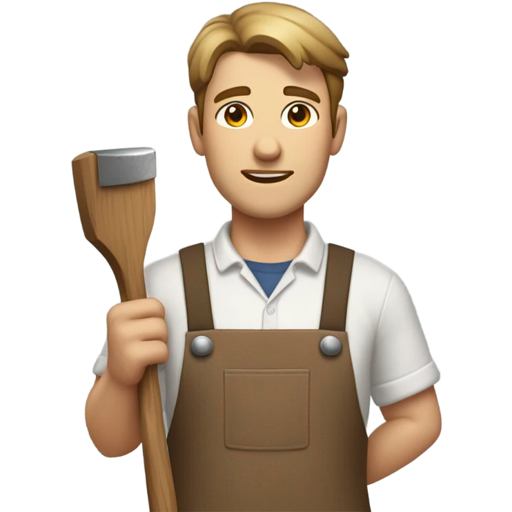 "A sturdy man with rough hands, short light brown hair, and a friendly, naive expression. He wears a work apron over simple clothes and holds a hammer or wood in a rustic workshop." emoji