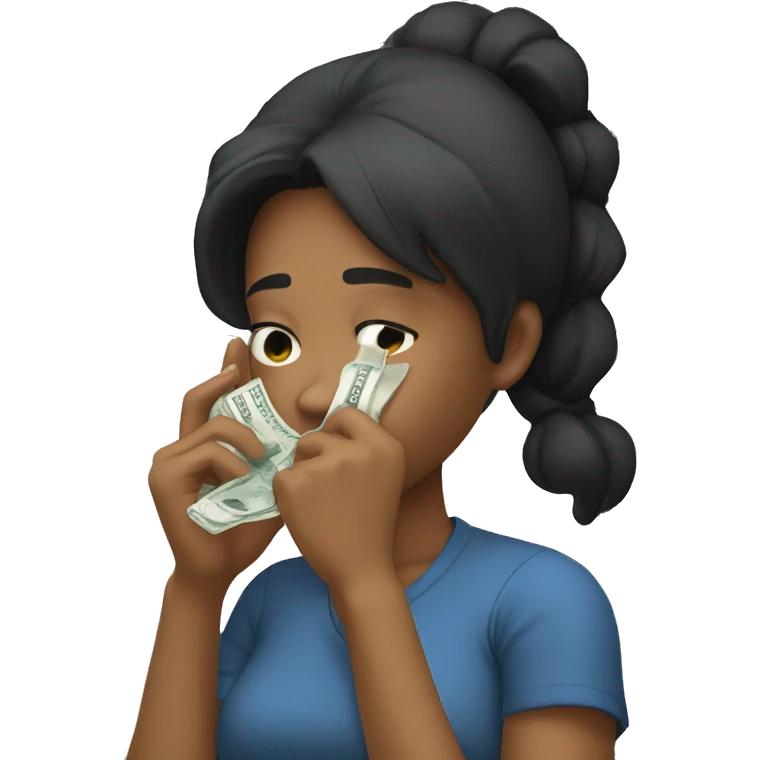 black hair girl wipes away tears with a banknote emoji