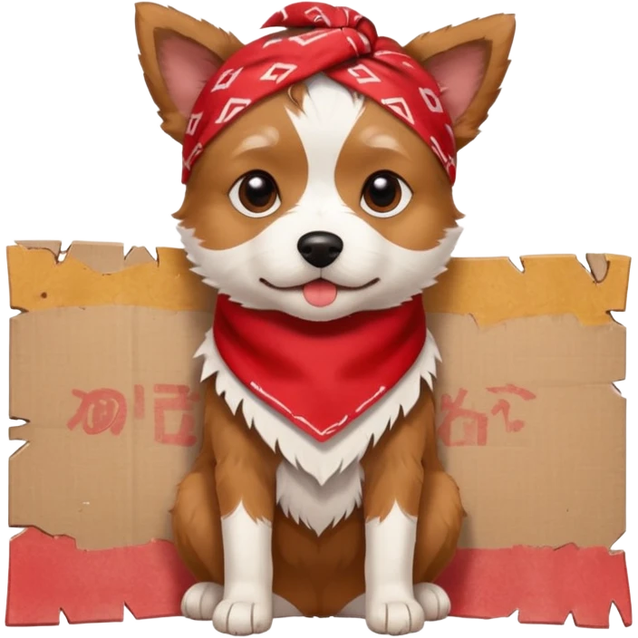 A small scruffy dog wearing a torn bandana, sitting beside a cardboard piece with hopeful gentle eyes.
e Fireplace emoji