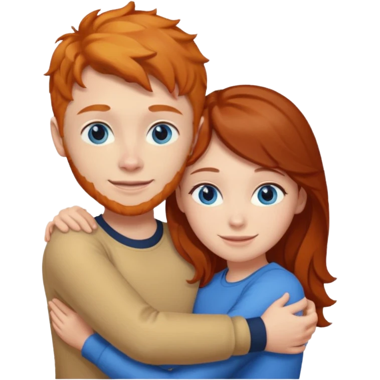 Ginger boy hugging brunette girl. Both have blue eyes.  emoji