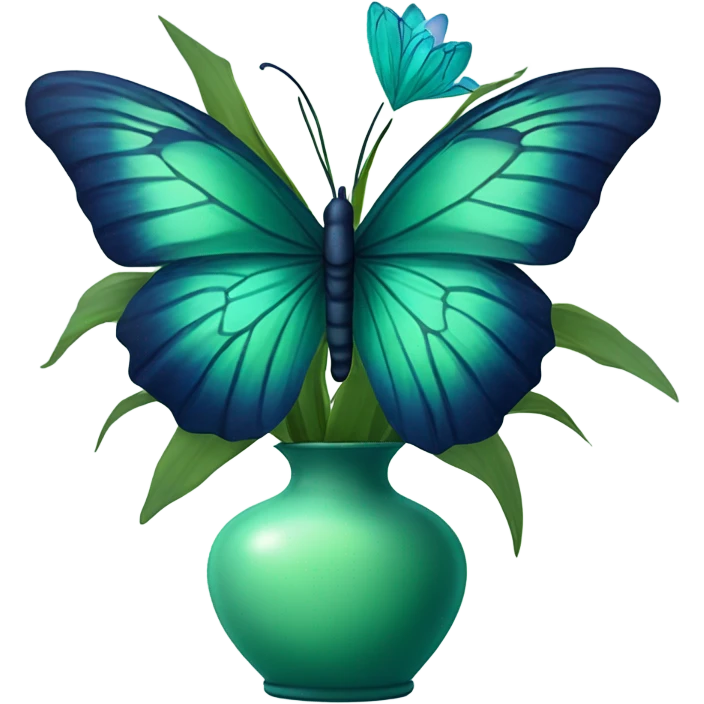 Aesthetic butterfly with blue and green  wings sitting on a dark blue bouquet of Lilies in a pastel green vase emoji