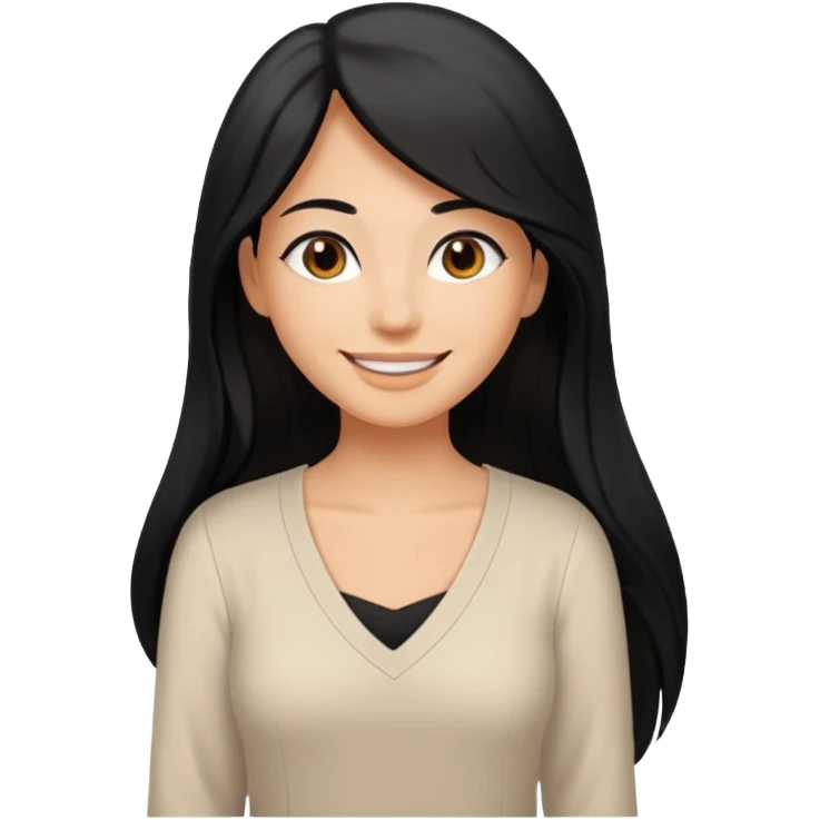 medium tan woman with long black hair past middle of back, round brwn eyes, white v neck blouse smiling. emoji