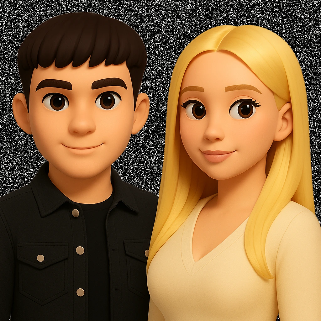 Slightly increase the volume of the upper body of the girl, separate the girl and the boy from each other, and make the skin color the same for both characters. Maintain the cartoonish 3D style in the edit. emoji