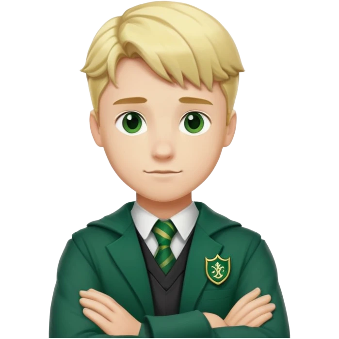 Blonde male student wearing Slytherin uniform with arms crossed emoji