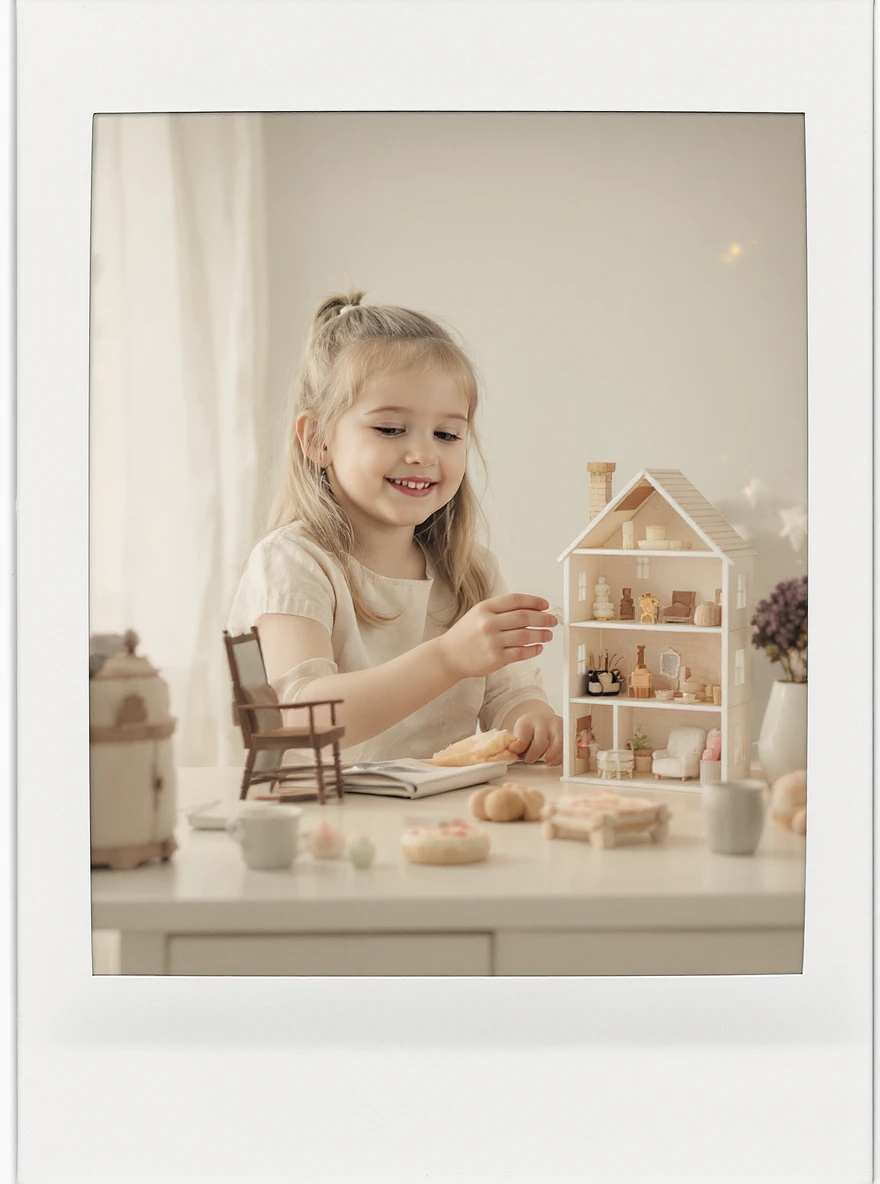 smiling girl arranging furniture in doll house emoji