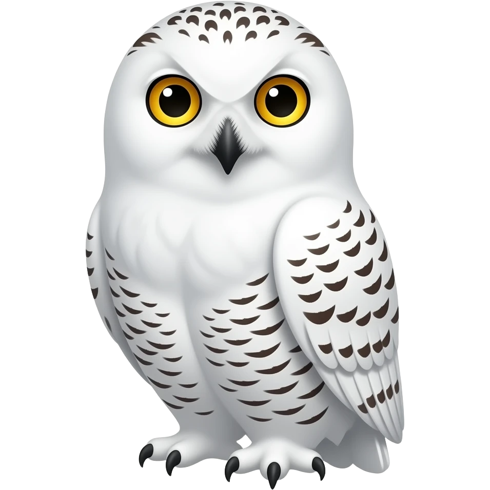 white snowy owl, bright yellow eyes, calm expression, wings tucked, centered, 3D glossy emoji style, clean background emoji