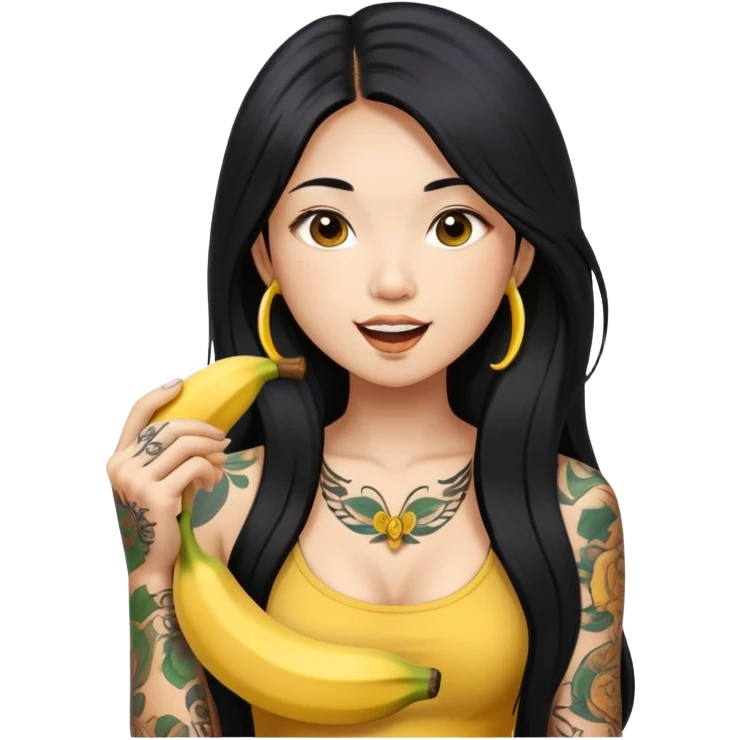 Beautiful Asian girl with long black hair and body tattoos eating a banana sfw emoji
