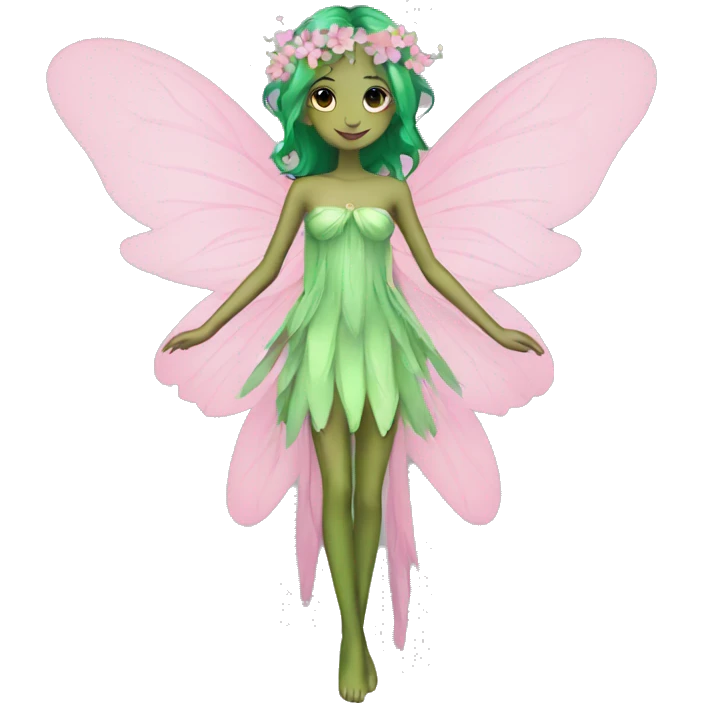 A skinny fairy, green hair, wings, pink dress with flowers  emoji