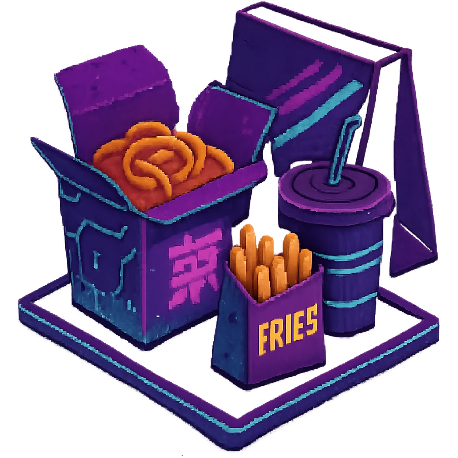 cyberpunk futuristic, 3d isometric, item image, video game item, inventory icon, the image depicts a small box of takeout, takeaway, chinese takeout food, delivery food. futuristic drive-through, fries, bag and drink. dystopian. pixelated retro video game graphics. a simple and basic classic traditional single box of asian takeout emoji