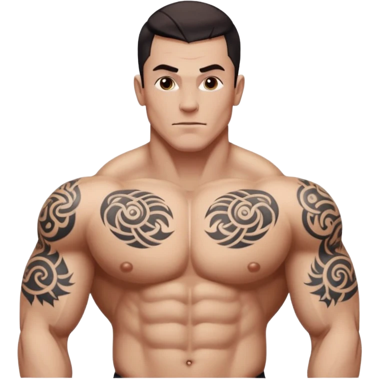 tattoo man, white skintone, more highlight the tattoo, body builder, tatto on fully chest, more tattoos on the body, more visible tattoo, big tattos. emoji
