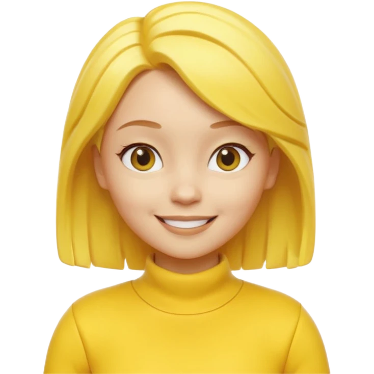 A 3D cartoon female character fully in yellow tones — skin, hair, and outfit all yellow — smiling gently, medium-length hair, cinematic Memoji-style rendering, cohesive with other yellow character emoji