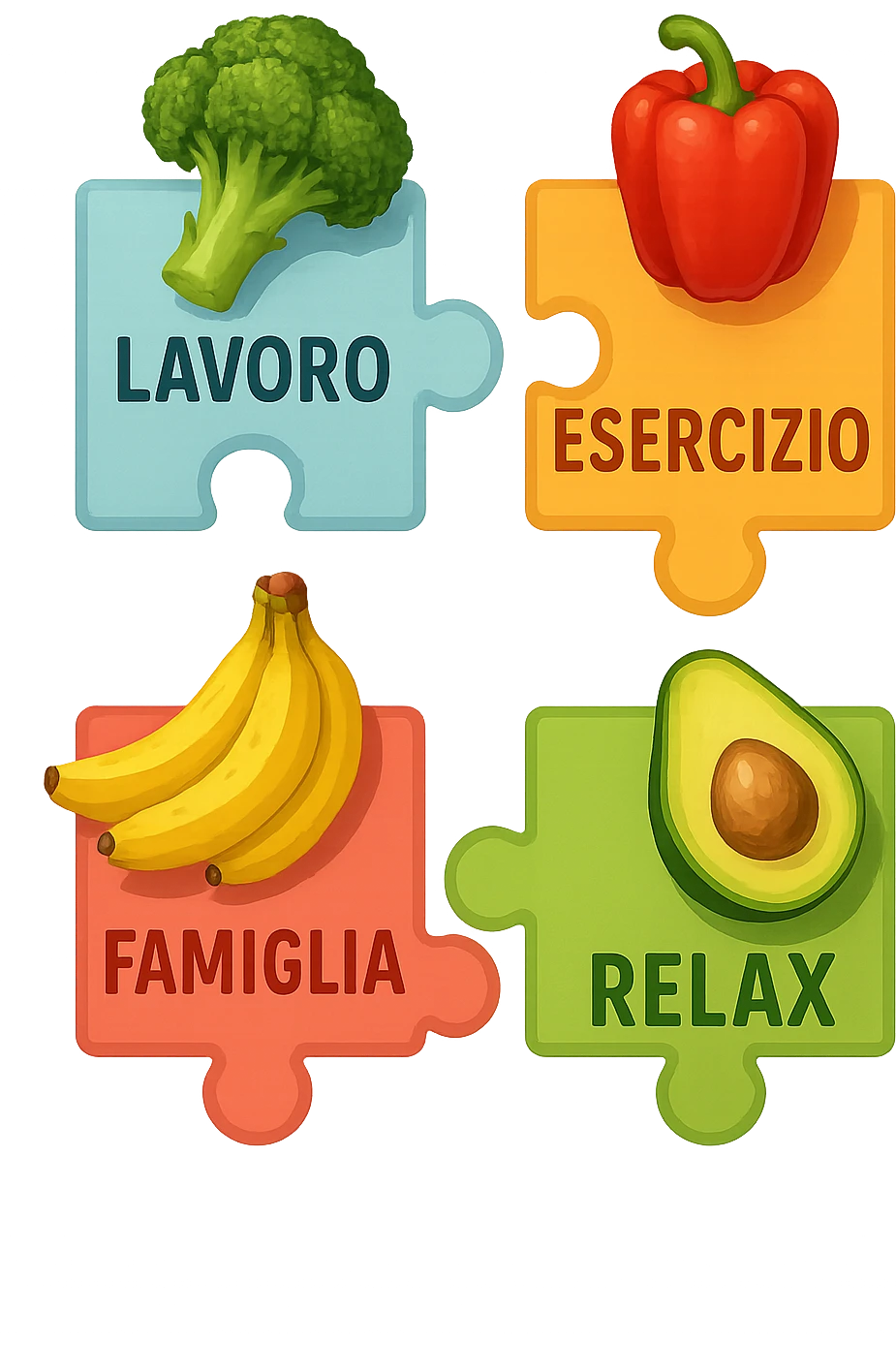 Puzzle (Lavoro, Esercizio, Famiglia, Relax), and healthy foods are integrated into each piece. in italiano emoji