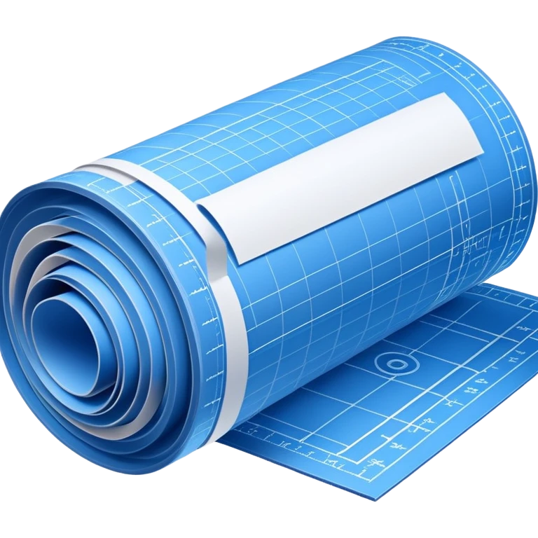 side perspective of a blue rolled-up blueprint plan with white lines emoji
