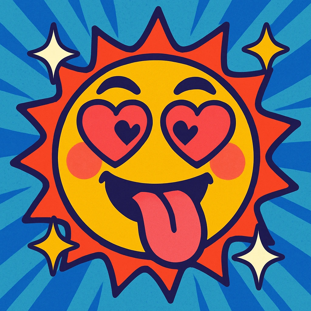 Add sparkles and a comic-style pop effect to the vibrant toon face with heart eyes, tongue out, eyes crossed, blushing, silly expression. emoji
