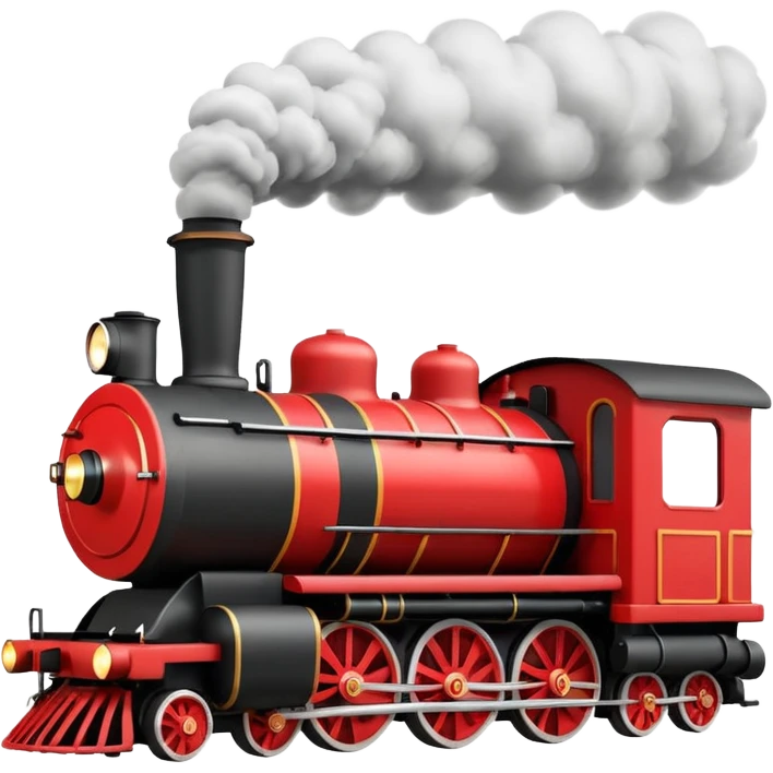 A 3D cartoon classic steam locomotive with a chimney releasing smoke, red and black body, bright sky background, Memoji-style rendering. emoji