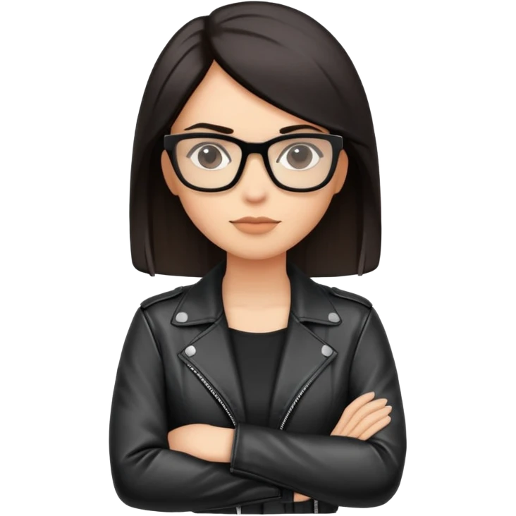 confident woman with crossed arms, black leather jacket, straight dark hair, glasses emoji