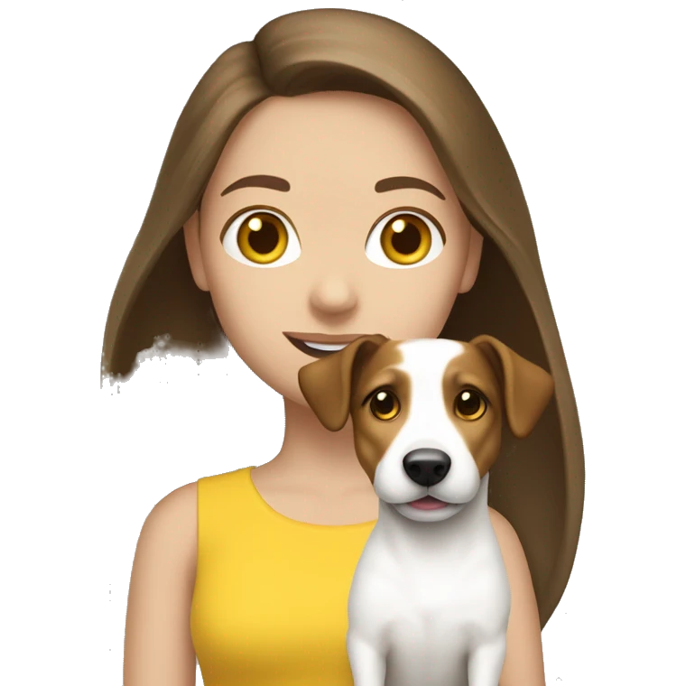 Brunette Long haired white girl wearing yellow top with jack russell emoji