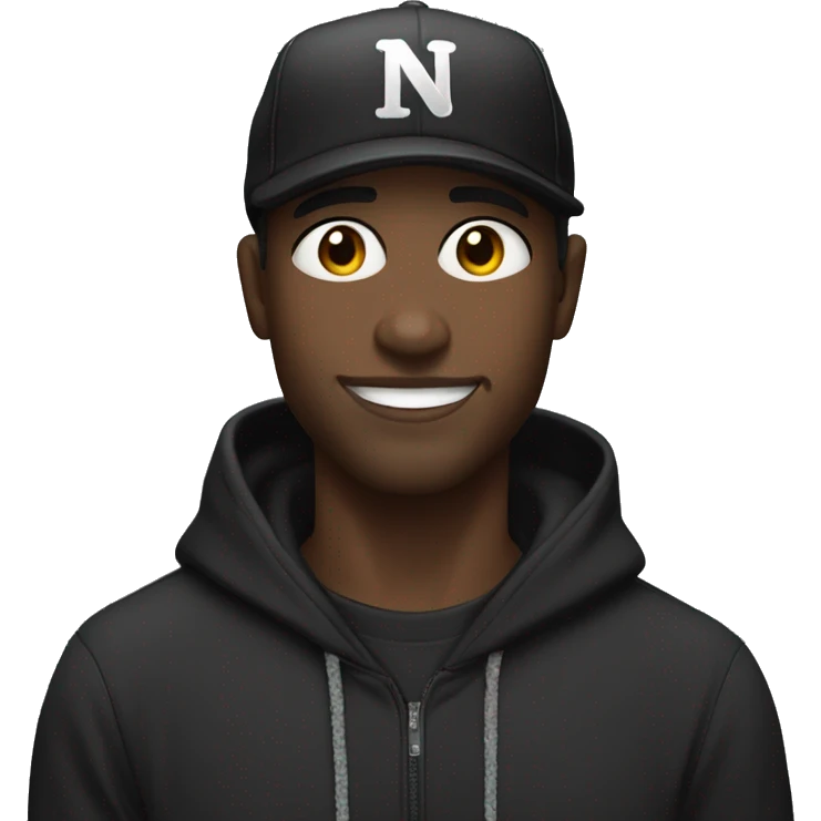 Black Man Wearing a black cap and hoodie, he grips the mic with a relaxed expression. His wide-eyed look and easy smile make him approachable, bringing a laid-back vibe to his performance. emoji