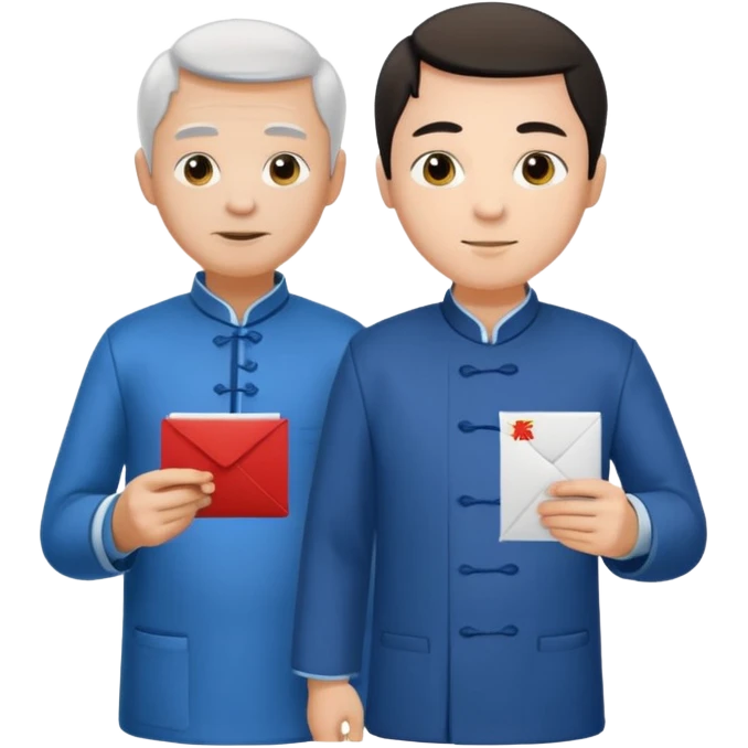 a young student with T-shirt handing letter to a old man official with chinese tunic suit emoji