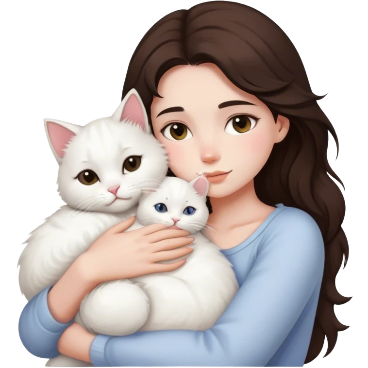 Brunette girl snuggling fluffy white cat emoji
