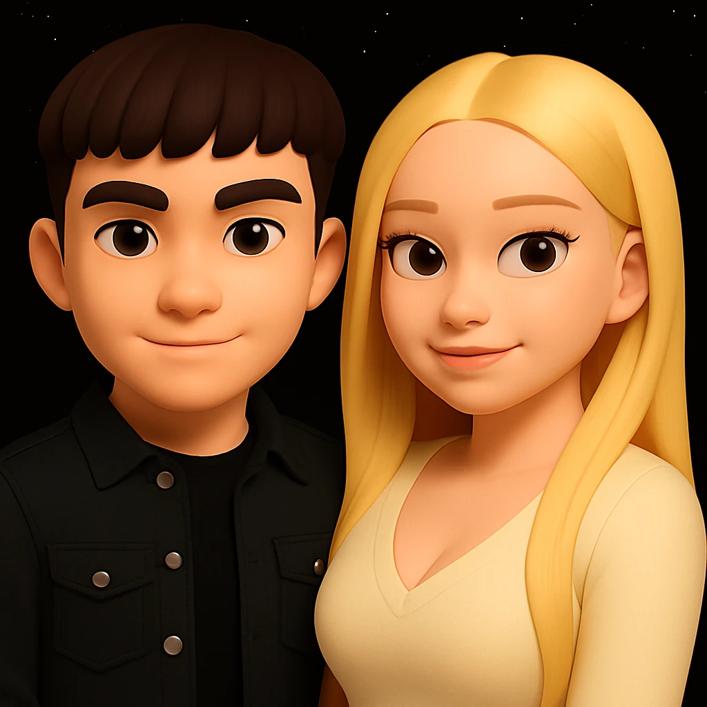 Make the upper body of the girl slightly more voluminous for a more balanced silhouette, without changing the boy. Preserve the 3D emoji style and the overall look of the characters as much as possible. emoji