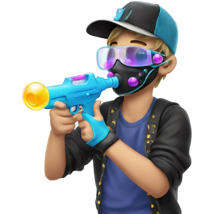 Caucasian boy in rave gear with mask and hat and shooting a bubble gun emoji