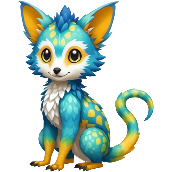 Colorful tropical exotic cute cool beautiful shiny beautiful fantasy-Trico-Cacomistle-oncilla-animal-Fakémon-hybrid-fursona (full body) emoji