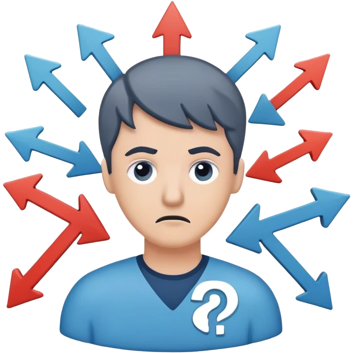 	A clean, flat-vector style icon that conveys information overload. Center a simplified human figure with a puzzled expression, surrounded by multiple overlapping arrows, question marks, and data symbols to represent too many choices. Use a modern color palette (e.g., muted blues, grays, and pops of bright accent colors) to highlight the feeling of confusion and overwhelm, while maintaining a crisp, minimalistic design. emoji