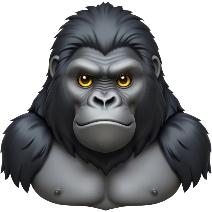 Cinematic Noble mountain Gorilla Portrait Emoji, Poised and majestic, with a powerful, muscular frame accentuated by a distinguished black and grey mane and piercing, wise eyes, Simplified yet sharp and sophisticated features, highly detailed, glowing with a soft, regal jungle glow, high shine, intelligent and commanding, stylized with an air of imperial strength, focused and resolute, soft glowing outline, capturing the essence of a watchful guardian that feels as though it could step out of the screen with effortless authority! emoji