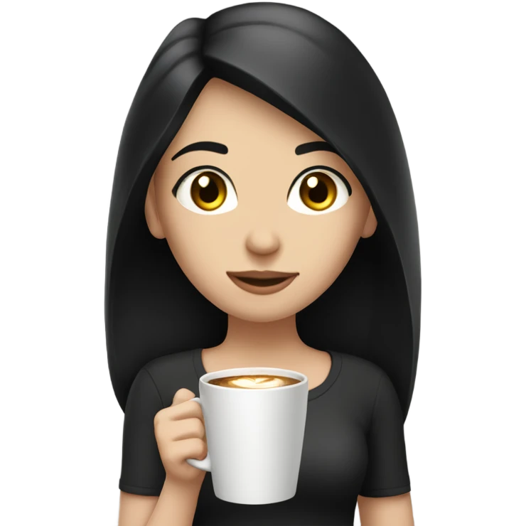 a girl with straight black hair, pale skin and hazel eyes holding a cup of coffe emoji