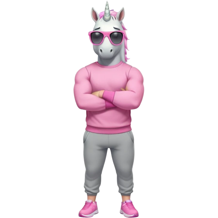 friendly anthropomorphised male white unicorn with a fit, chunky, muscular and strong physique, arms and legs matching the white of the head, wearing grey tracksuit pants and pink jumper, sunglasses, standing with arms folded emoji