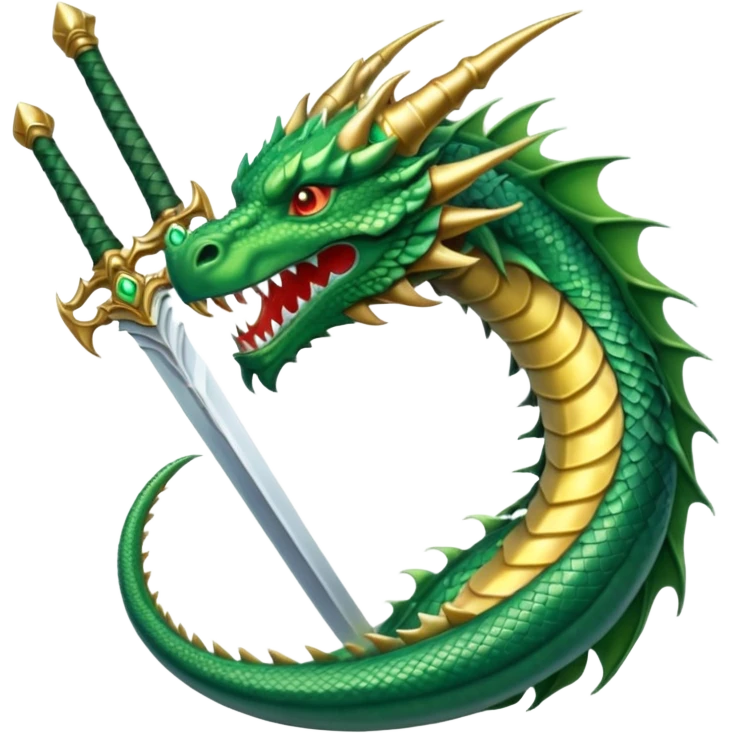 massive sword and green dragon head, clean and bold, WhatsApp emoji style, transparent background, evoking the spirit of facing a challenge emoji