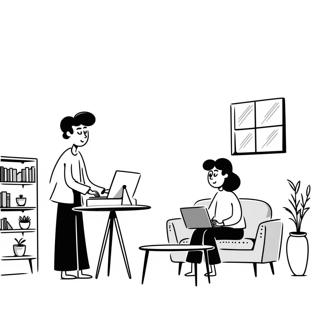 escenary 3d of a cozy mid-century living room with two people working on laptops, one man standing at a desk and one woman sitting on a couch, two walls and floor visible emoji