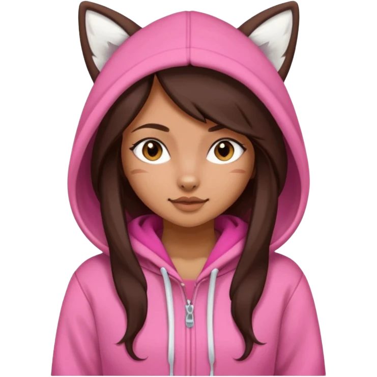 Girl with long dark brown hair wearing a pink white fox hoodie emoji