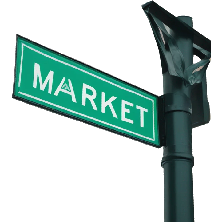 Street sign that says MARKET in blue with green bandana emoji