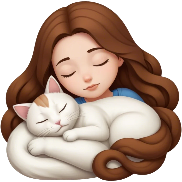 A pretty white girl with very long brown hair and sleeping curled up to a white cat  emoji