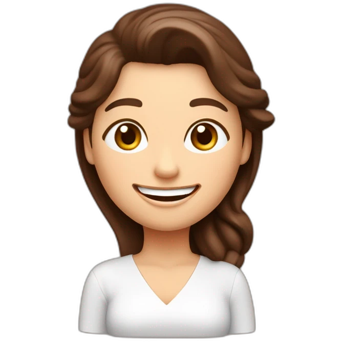 Una mujer ceramista con pelo color chocolate de largo medio, piel blanca, gran sonrisa sosteniendo un cuenco en una mano y una torneta en la otra. Tiene un hermoso delantal.en emoji