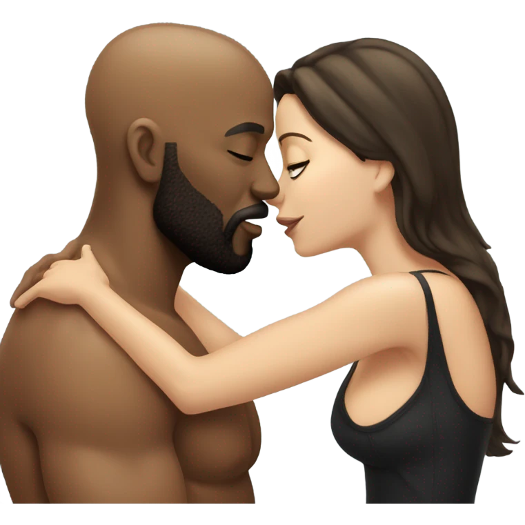 White brunette kissing muscular black bald man with beard emoji